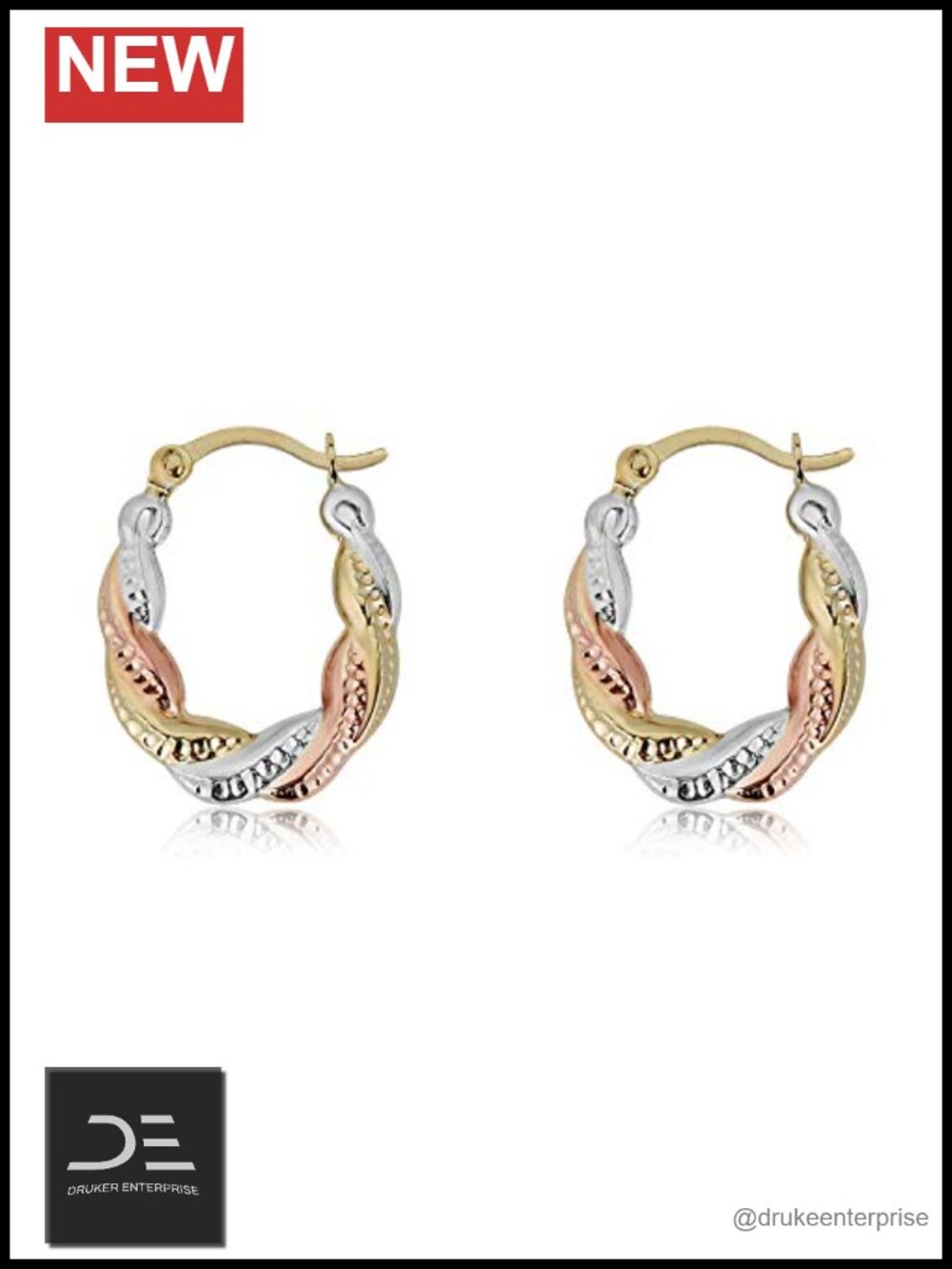 10K Gold Tri-Tone Twist Diamond-Cut Hoop Earrings 17mm, Hypoallergenic
